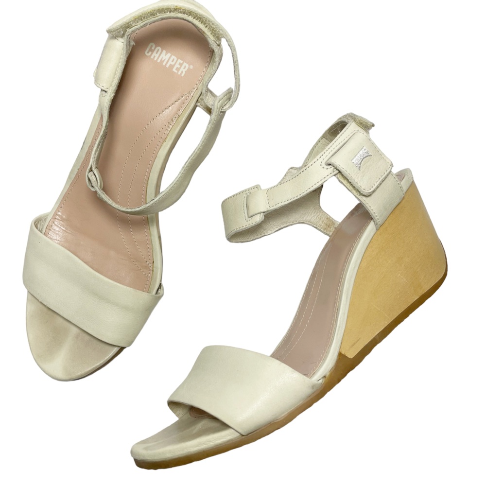 Camper cream leather wooden heel strappy adjustable strap sandals